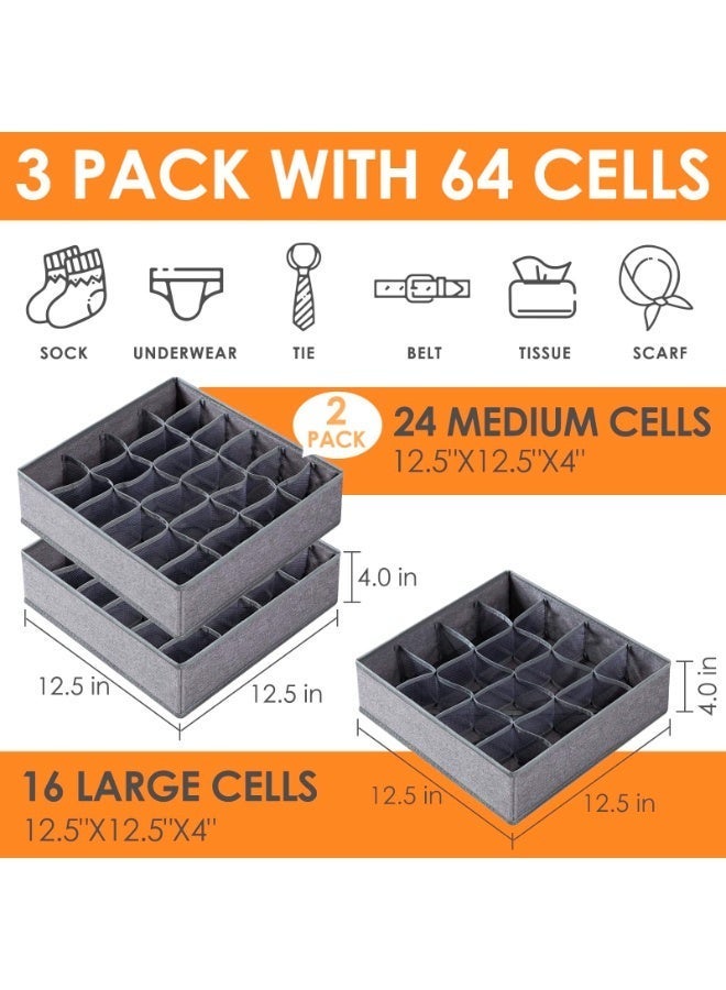 Criusia 3 Pack Sock Underwear Organizer Dividers, 64 Cell Drawer Organizers Fabric Foldable Cabinet Closet Organizers and Storage Boxes for Storing Socks, Underwear, Ties (16+24+24 Cell, Gray) - Image 2